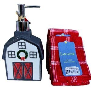 Holiday Soap Dispenser Barn  Farmhouse Plaid Dish Cloth Red White Gift Set 5 PC
